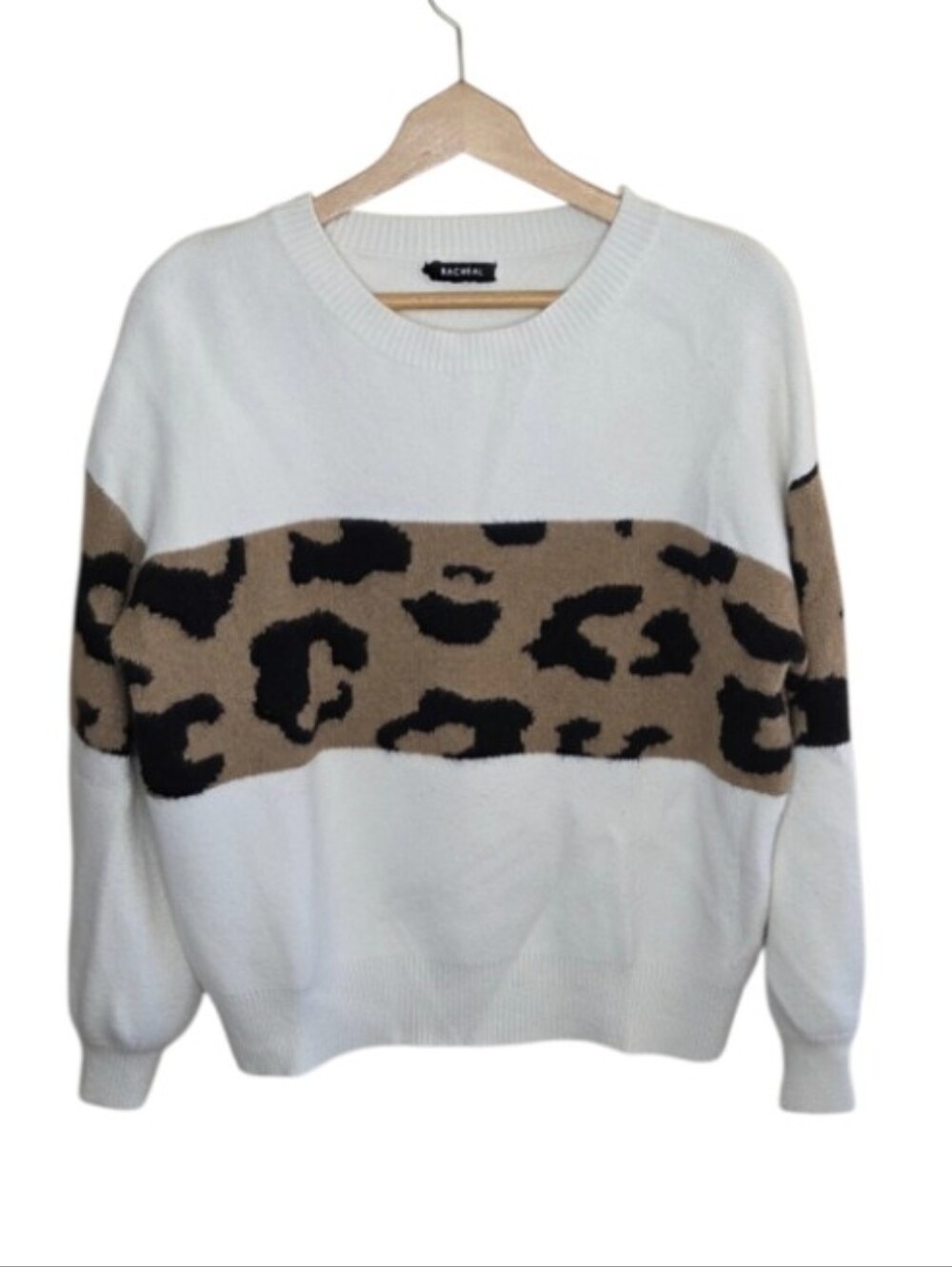 Racheal Ivory Leopard Wide Stripe Crewneck Cozy Fuzzy Sweater Size Medium